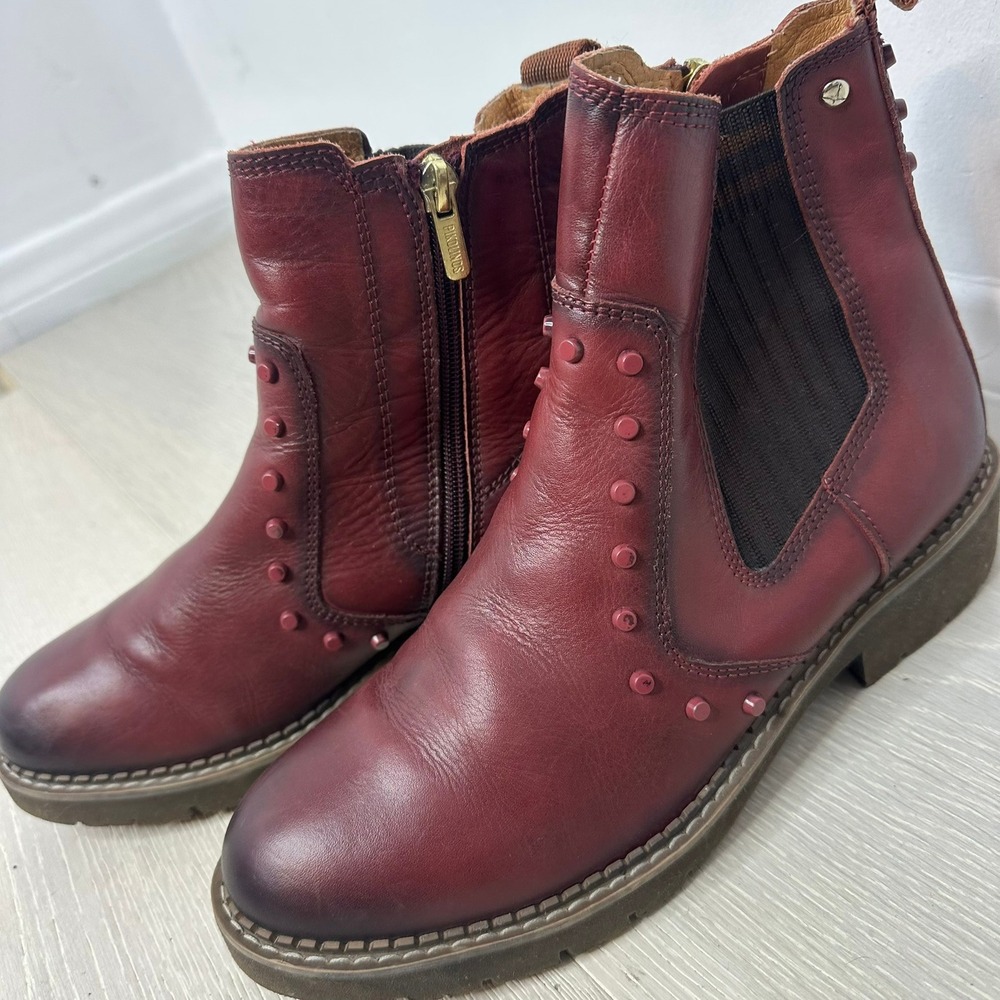 Pikolinos Chelsea Ankle Boots Womens 39 Burgundy Studded Leather Zip Lug Sole - Picture 5 of 10